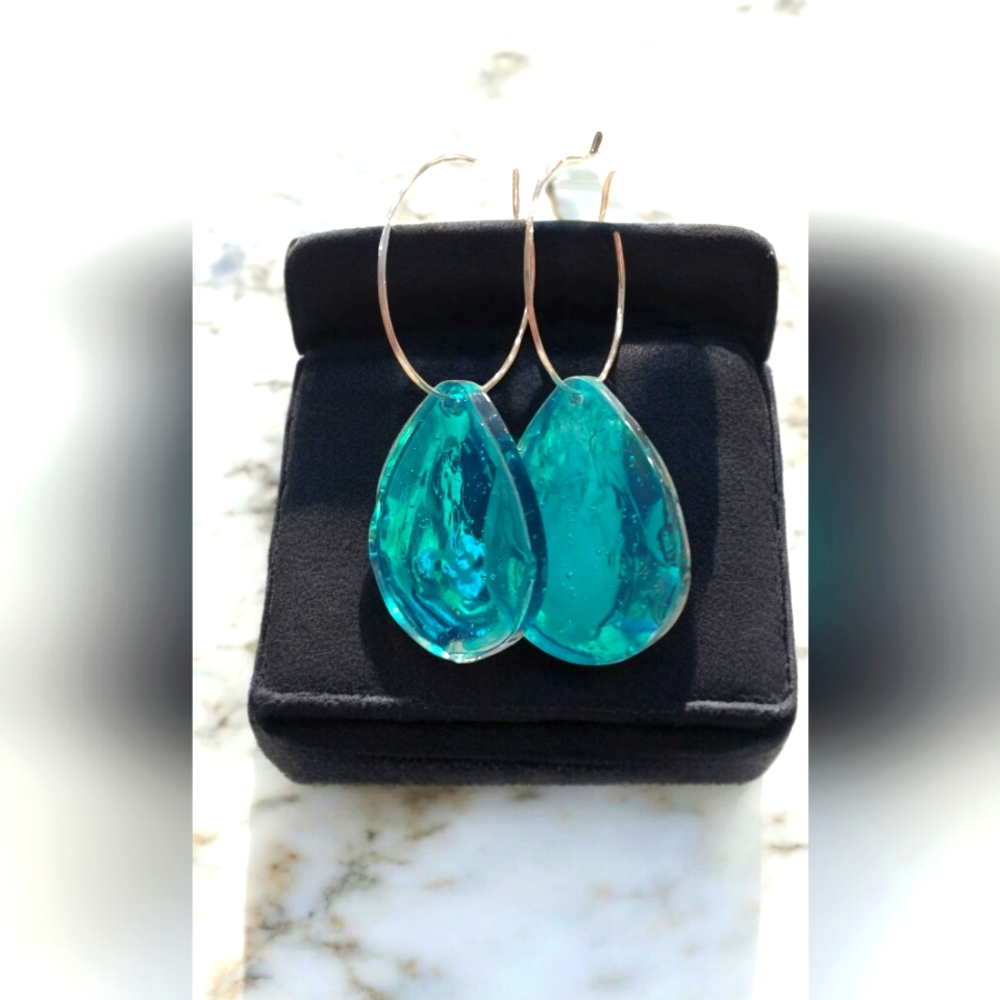 Handmade, unique, green resin tear drop earrings approx 2 inches in length